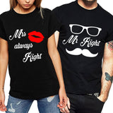 Mr Mustache Right & Mrs Always Right Matching Couples Tee