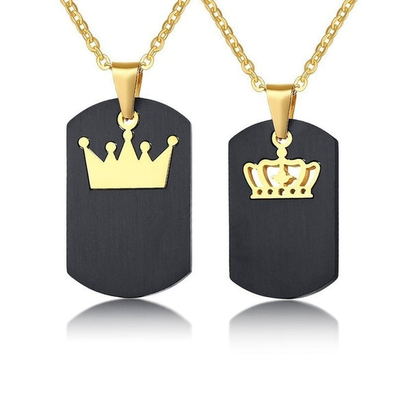 Dog Tag King & Queen Crown Matching Couples Necklace