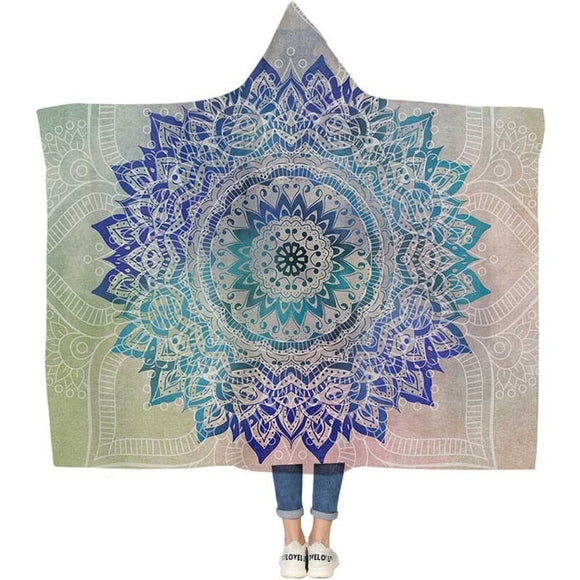 Mandala Designed Hoodie Blanket (Blue & Teal) - Straight Up Fun